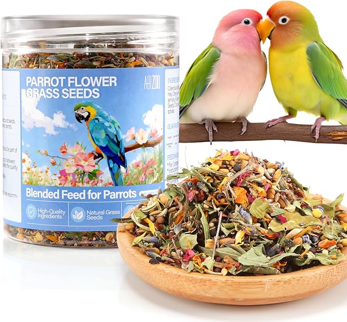 Abizoo Cockatiel & Conure Bird Foods Treats Seed Supplement for Love Birds Quaker Parrot Parakeets Digestive Health & Feather Support with Chia Flax Seeds Calendula Natural Comida para Pajaritos