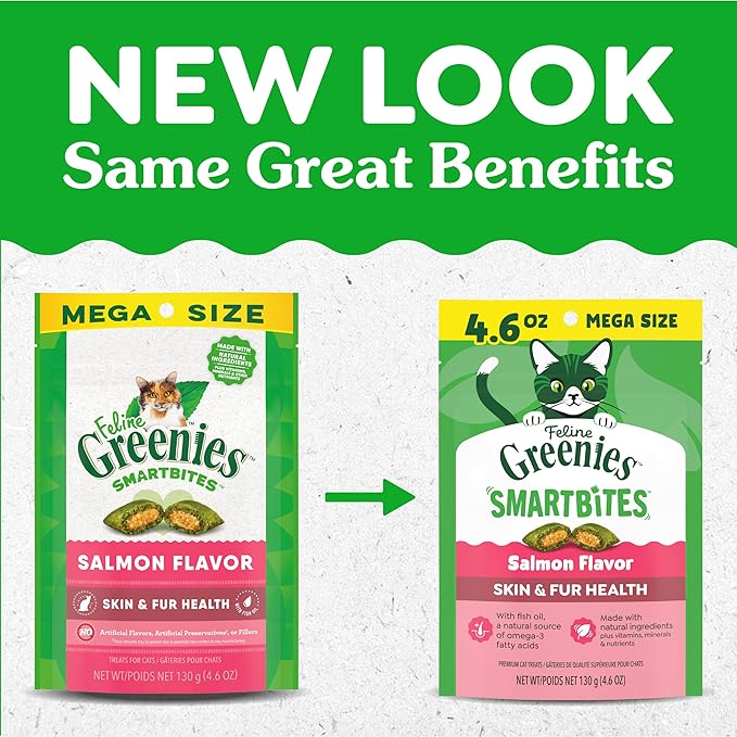 Greenies Cat Treats, Feline Smartbites, Skin & Fur Health, Crunchy and Soft Cat Treats, Salmon Flavor, 4.6 oz. Pack
