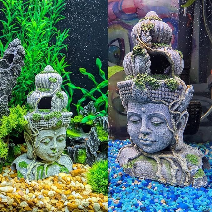 PINVNBY Aquarium Buddha Head Statue Decorations,Fish Tank Resin Large Buddha Sculpture Ornament,Betta Hideout Cave Sleep Rest Play for Small Fish Shrimp Lizard Gecko Small Reptile(3 Pack)