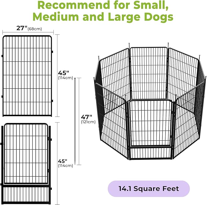 SunsGrove Dog Playpen Outdoor, Heavy Duty 45 Inch 8 Panels Dog Playpen for Large Dogs, Free and Safe Play Dog Fence Indoor, Black