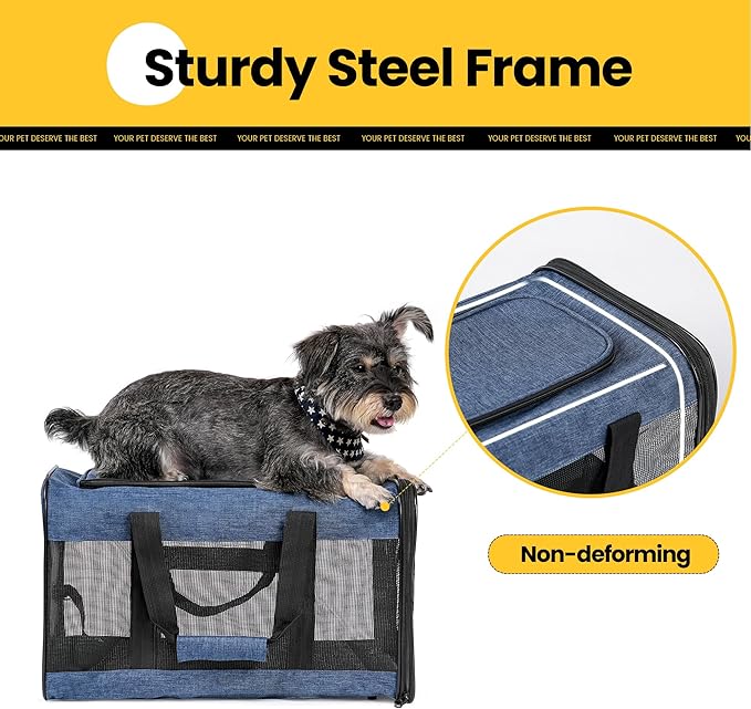 Cat Carrier Airline Approved, Soft-Sided Dog Carrier with Inner Safety Leash, Pet Transport Carrier for Small-Medium Cats Puppies up to 15 Lbs, Collapsible Travel Kitten Carrier Bag -Blue M
