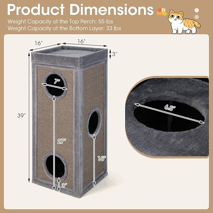Tangkula 4 Story Cat Tree Condo, 39 Inch Multi-Layer Cat House with Sisal Scratch Pad, 3 Hideaways, Removable Soft Top Plush Bed, Barrel-Shaped Pet House Tower for Indoor Cats, Modern Cat Furniture