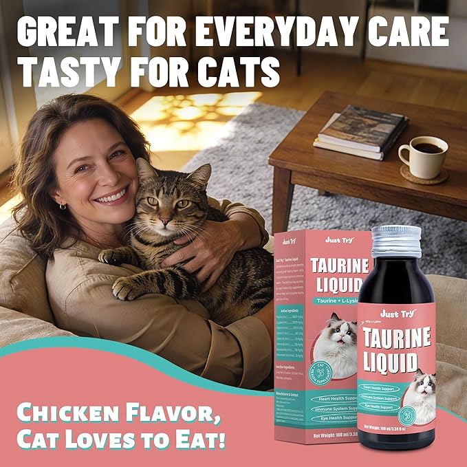 Just Try 3.38 fl oz Taurine Supplement & L-Lysine for Cats Feline Heart Health Immune Support - Sneezing, Runny Nose and Watery Eyes - Chicken Flavor 100ml