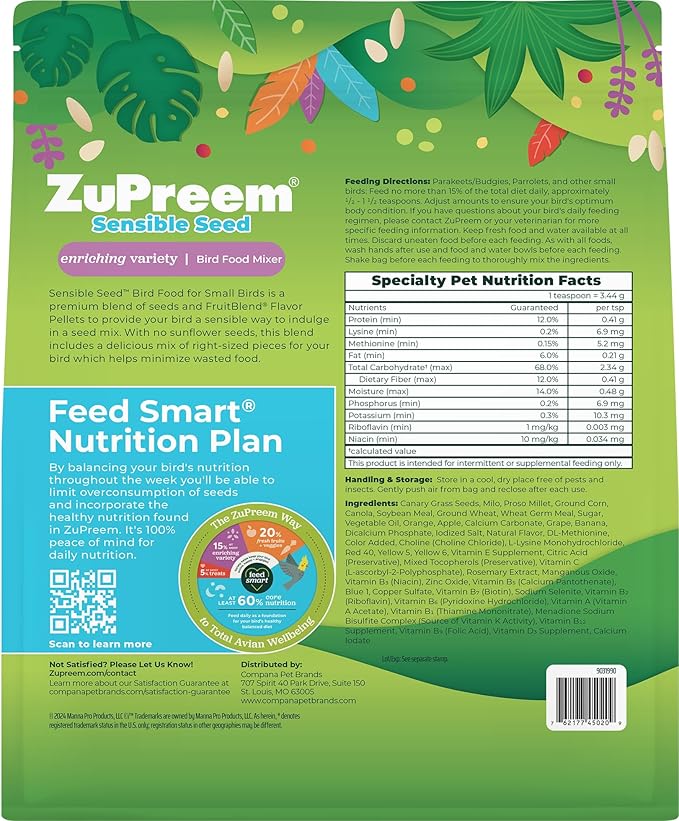 ZuPreem Natural Pellets & Sensible Seed Food for Parakeets, Budgies, Parrotlets, Doves, Nutrient-Rich Blend with Added Vitamins for Small Birds (2.25 lb Pellets & 2 lb Seed, Pack of 2)