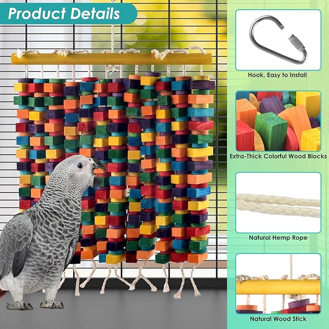 23 Inch Extra Large Bird Toy, Colorful Natural Chew Wood Blocks Hanging Parrot Tearing Toys, Birds Cage Accessories for Macaws, Amazon Parrots, African Grey, Cockatoos
