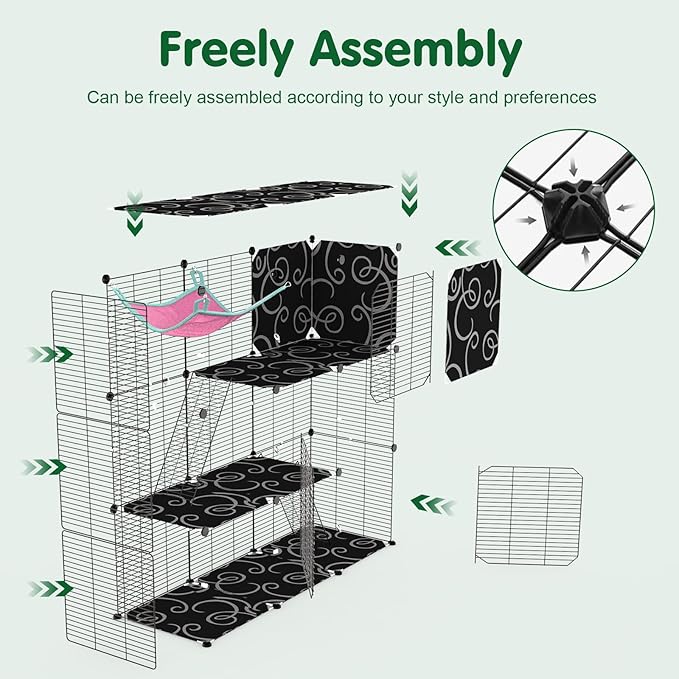 3-Tier Cat Cage, Indoor Cat Enclosures with Hammock Toy Bal Ladders, DIY Cat Playpen Detachable Metal Wire Kennels Kitten Crate Cats House Large Exercise Place for 1-2 Cats/Kitten, 42"x14"x42"