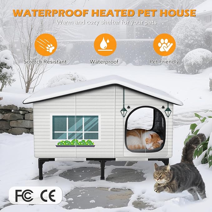 GASUR Weatherproof Heated Cat House for Outside Cats, Outdoor Cat House with Cats Heated Pad for Winter, Insulated Heating Cat Houses, Elevated Safe Feral Cat Houses Heat Cat Shelter (20"x17"x16")