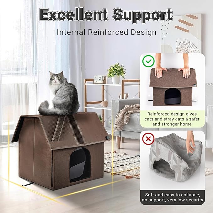 MIU COLOR Outdoor Cat House, Upgraded Large Weatherproof Cat Houses for Outdoor Cats, Insulated Feral Cat Shelter with Removable Soft Mat, Easy to Assemble,17.1" x 15" x 16.6", Brown