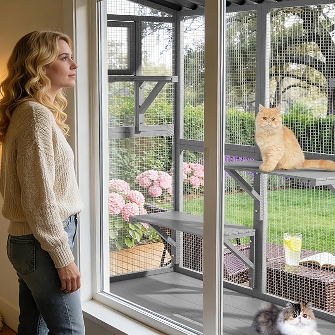 Window Box Enclosure, All-Weather Cat Catio for Multiple Indoor Cats, Wooden Window Catio with 4 Platforms & 3 Doors, Expandable Pet Perch House for Sunbathing