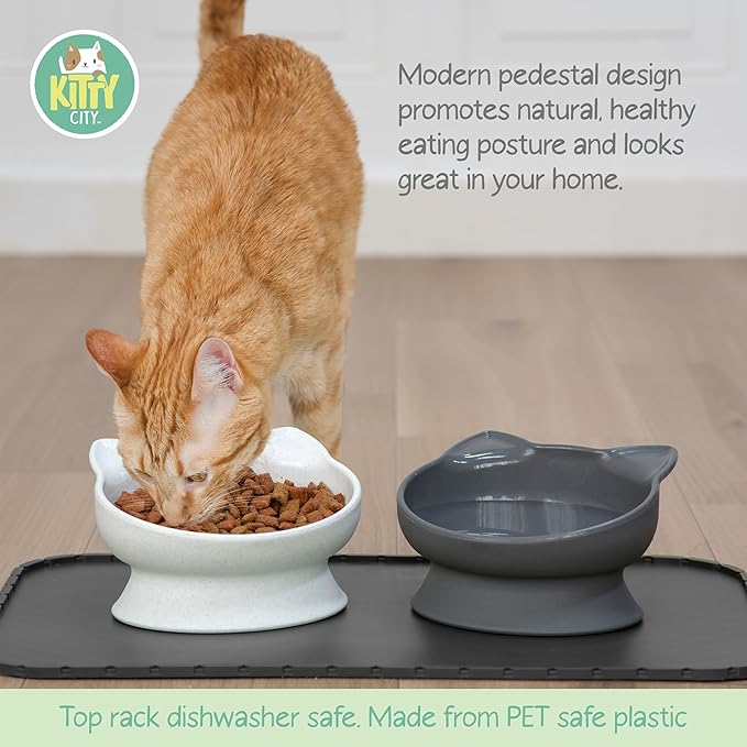 Kitty City Elevated Cat Bowls (Set of 2), Whisker-Friendly Raised Cat Food & Water Dishes, Modern Pedestal Design, Dishwasher Safe, 10.8 oz Each – White & Gray