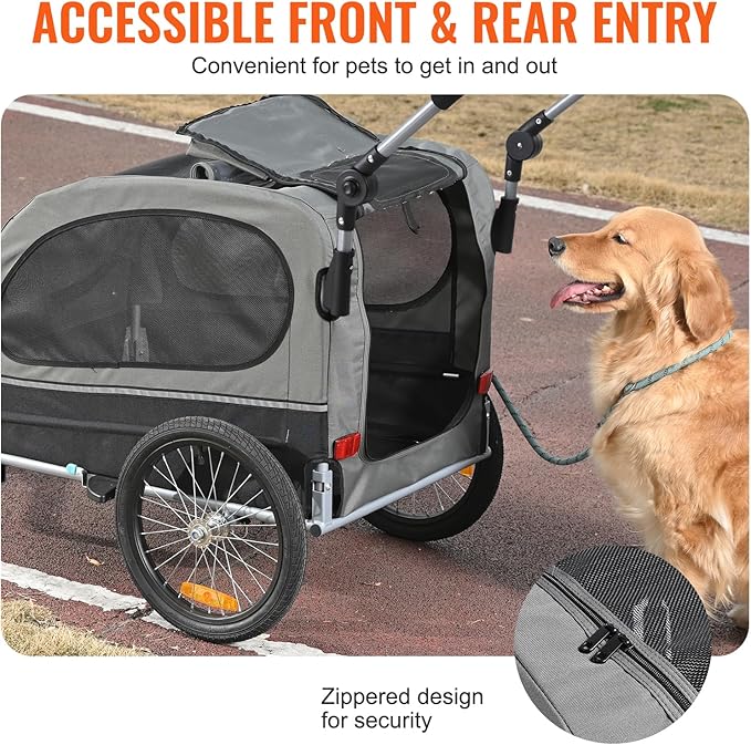 VEVOR Dog Bike Trailer, Supports up to 66/88/100 lbs, 2-in-1 Pet Stroller Cart Bicycle Carrier, Easy Folding Cart Frame with Quick Release Wheels, Universal Bicycle Coupler, Reflectors, Flag