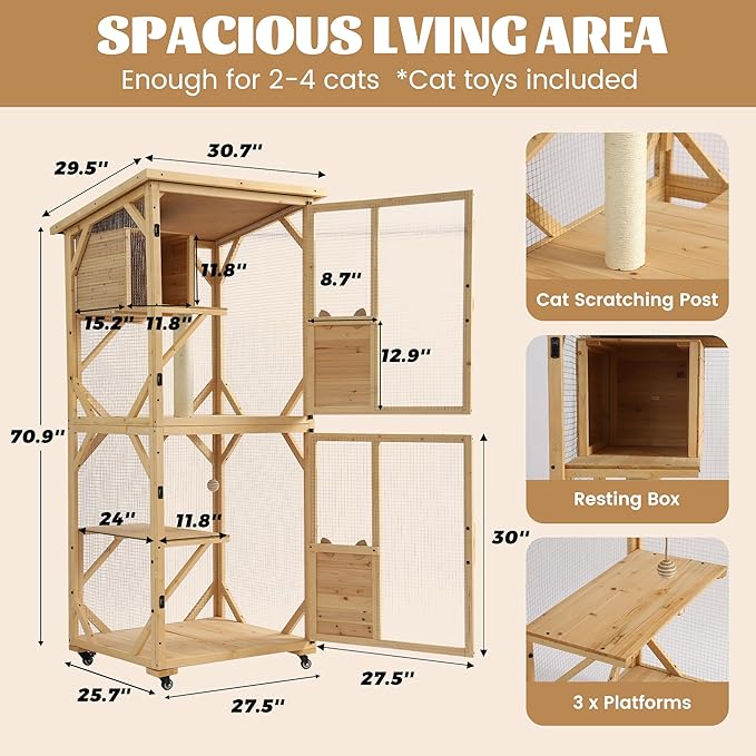 TITIMO 71" Catio Cat Enclosure Window, Large Outdoor/Indoor Cat House for Multiple Cats, Wooden Kitty Condo W/Waterproof Roof, Platforms, Resting Box, Scratching Post, Sisal Ball, Wheels