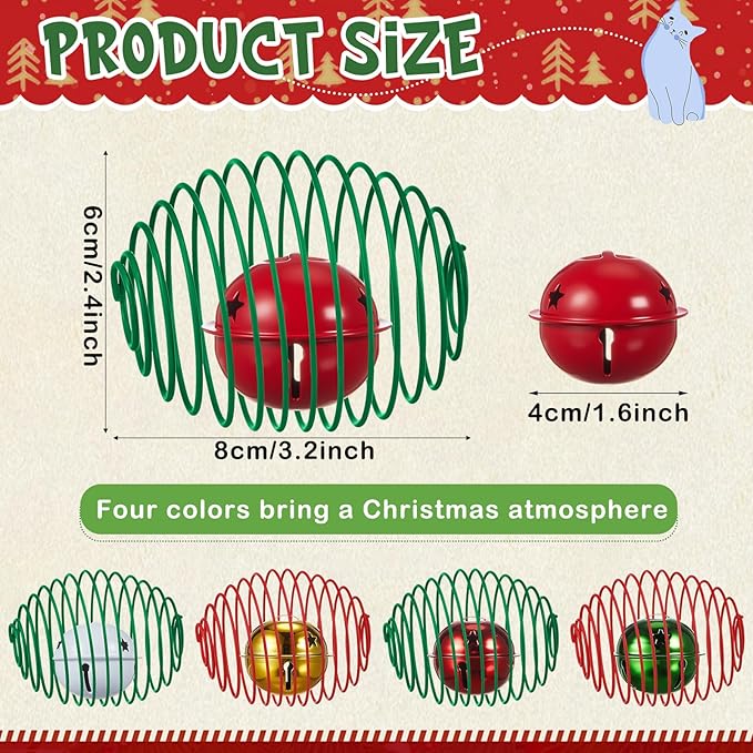 Jecery 5 Pcs Cat Spring Balls Toys Stretchable Rolling Balls Colorful Playful Coils Interactive Action Toy Caged Rats for Kitten Pet Supplies (Bell,Christmas Colors)