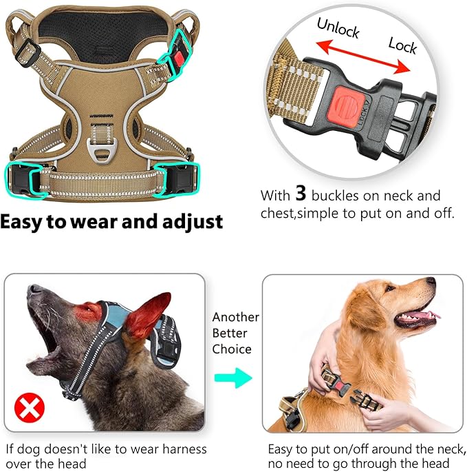 Timos Dog Harness Large Sized, No Pull Pet Harness with Neck Lockable Snap,No Choke Front Clip Dog Reflective Vest,Adjustable Metal Rings 3 Buckles,Easy Control Handle for Large Dogs Khaki XL