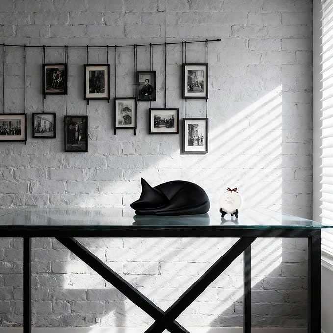 Sleeping Cat Urn for Ashes with Paw Print Kit, Capacity 0.5L, Carefully Handmade Resin Pet Urns for Cats, Thoughtful Pet Loss Gifts and Cat Memorial for Ashes Keepsake (Black)