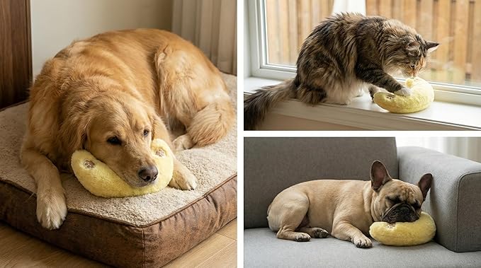 Deocove Pet Calming Pillow – 12-Inch U-Shaped Neck Support – Removable Filling to Add Pet’s Own Hair for Scent Comfort – Soft Plush Snuggle Toy for Anxiety Relief (Yellow)