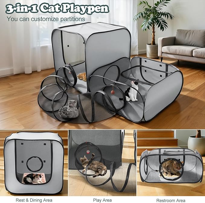 Cat Playpen, 3-in-1 Pop-up Outdoor Cat Enclosure with 2 Rooms 1 Tunnel, Breathable Pet Playpen for Indoor Outdoor Use, Portable Catio Tent with Carry Bag for Kitten Rabbit Small Animals, Gray