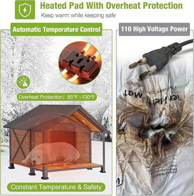 GUTINNEEN 41.6" Extra Large Heated Outdoor Dog House for Large Dogs Insulated, Thermostat-Controlled Heating with Full 6-Sided Insulation, Metal Frame, Spacious, Cozy, and Safe Winter Shelter (Brown)