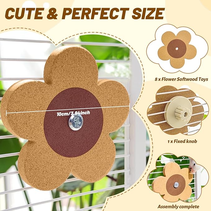 8 Pieces Bird Chew Toy, Natural Parrot Cork Foraging Training Toys for Relieve Boredom & Anxiety, Parrot Rotating Cork Chew Toy for Macaws, Conures, Budgies, Finches, Cockatiel