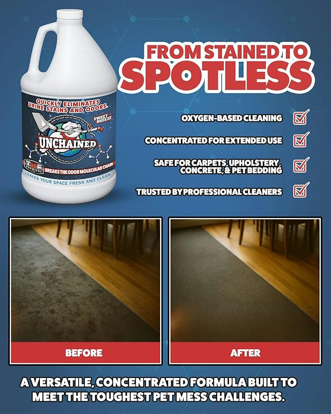 Unchained Urine Stain & Odor Remover – Cleaner for Dog & Cat, Pet Odor Eliminator on Carpet & Furniture, Industrial Strength Urine & Feces Neutralizer, Sweet Breeze – 1Gallon