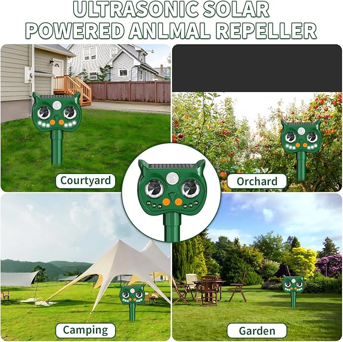 2 Pack 2026 Upgraded Solar Ultrasonic Animal Repellent Outdoor – Motion Activated Deer, Squirrel, Cat, Raccoon, Dog & Bird Deterrent with Multi-Frequency LED Strobe & Ultrasonic Sweep for Yard Garden
