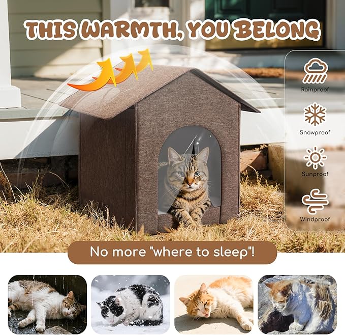 Outdoor Cat House Weatherproof, Insulated Cat Dog Houses for Outdoor/Indoor Cats for Winter, Waterproof Feral Stray Cat Shelter with Door Curtain and Warm Cushion, Easy to Assemble, Brown