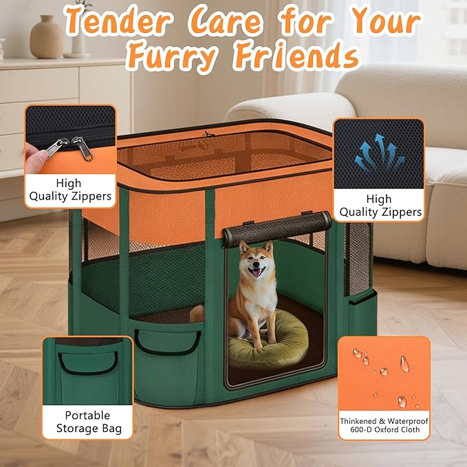 Portable Cat Playpen with Separate Areas, 2-in-1 Puppy Playpen & Cats Cage, Foldable Pet Tent for Indoor and Outdoor Use, Collapsible Tent Kennel Cage House(35.4"x27.6"x27.6", Orange & Green)