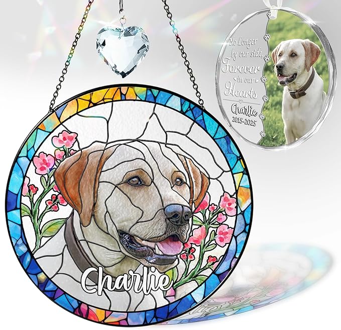 Personalized Pet Stained Glass Window Hanging, Dog Memorial Suncatcher Picture, Sympathy Gift for Loss of Pet, Cat Bereavement Keepsake Portrait Photo, Remembrance Gift for Dog Lovers