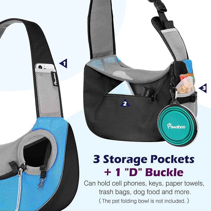 Pawaboo Pet Dog Sling Carrier, Hand Free Drawstring Dog Papoose with Adjustable Strap, Breathable Mesh Bag for Puppy Cat, Crossbody Satchel Dogs Purse with Pocket for Outdoor Travel, Light Blue, Small