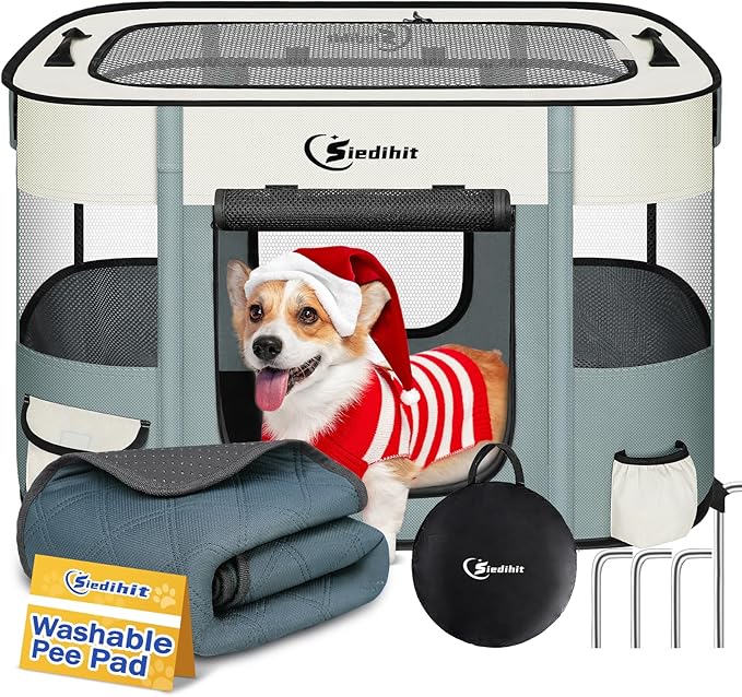 Dog Playpen,Cat Pet Puppy Pen,Portable Playpens for Dogs Indoor Outdoor Travel Camping Use,Foldable Dog Kennel Tent Crate for Rabbit Small Animals with Carrying Case (Grey with Pad, Medium)