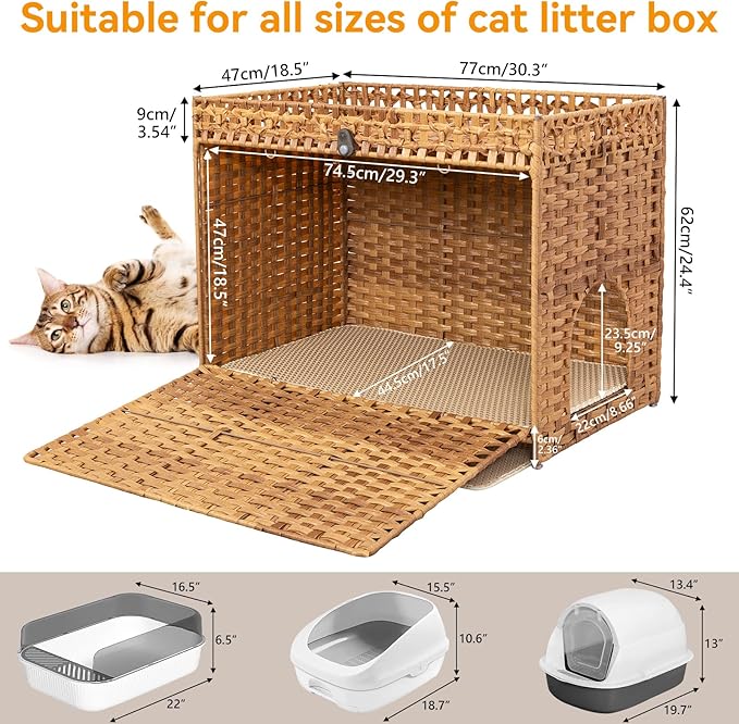 Cat Litter Box Enclosure Furniture Hidden with Soft Mat,Handwoven Rattan Cat House with Door for Large Cats Stylish Hidden Washroom Furniture for Living Room, Bedroom, or Balcony,Natural