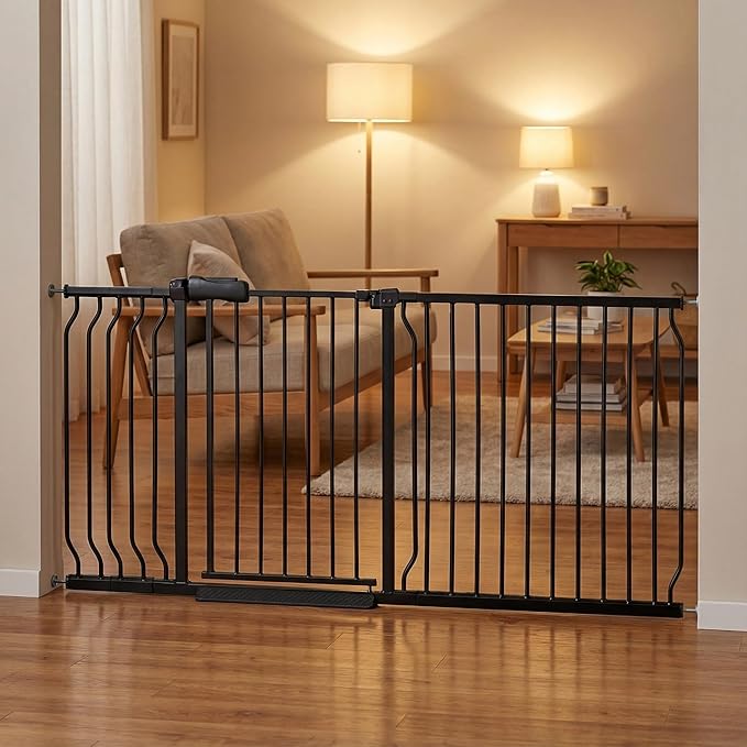 Wide Baby Gate 67-71.5 Inch Heavy Duty Steel Safety for Stairs, Pressure-Mounted Indoor Dog, No Drilling, Modern Home Design, Black