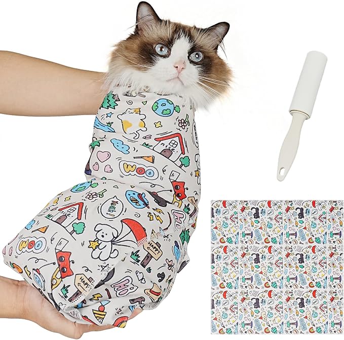 Supet Cat Grooming Wrap for Cutting Nails, 2026 Self-Adherent Cat Wrap, Anti-Escape Calming Cat Swaddle Wrap for Medicine, Nail Clipping, Teeth Brushing, Ear Cleaning (Cartoon, L)
