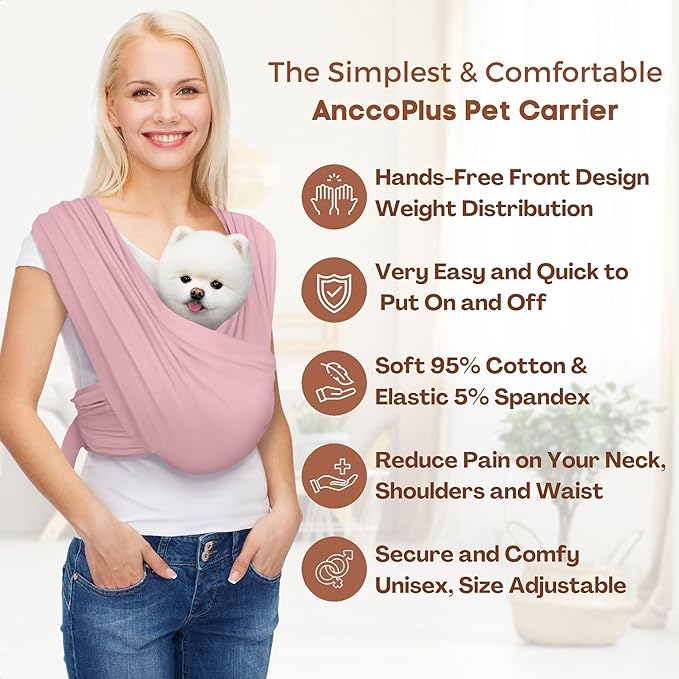 Dog Carriers for Small Dogs, Front Facing Dog Sling Carrier, Hands Free Cat Carrier, Size Adjustable, Reducing Back Pain, Premium Cotton, Safe and Soft Dog Carrier (Plus, Light Pink)