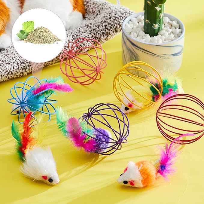 Jecery 5 Pcs Cat Spring Balls Toys Stretchable Rolling Balls Colorful Playful Coils Interactive Action Toy Caged Rats for Kitten Pet Supplies (Metal Cage,Multicolor)