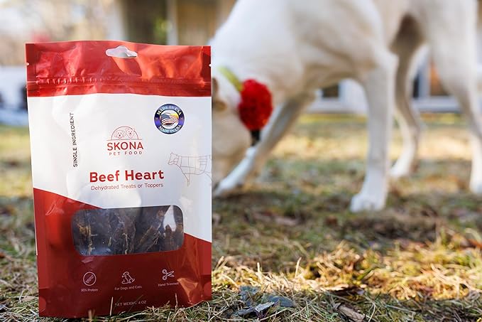 Skona PetFood Beef Heart Jerky Dog Treats & Cat Jerky Treats, High Protein, Single-Ingredient Training Snacks, Grain-Free, USA Made, Rich in Taurine, Supports Digestion & Dental Health, 4oz
