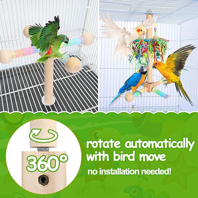 Mity rain Bird Toys - 2 in 1 Interactive Rotating Perch Toy with Foraging Toys, Flexible Stand for Parrots Lovebird Cockatiel Conure, Bird Playground for Small to Medium Birds, Bird Cage Accessories