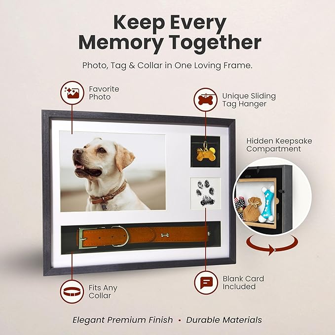 Dog Memorial Frame Shadow Box | Meaningful Pet Memorial Gifts for Dogs | Dog Bereavement Gifts with Unique Tag Slider, Fits All Collars & Hidden Compartment | Black 11x14 in
