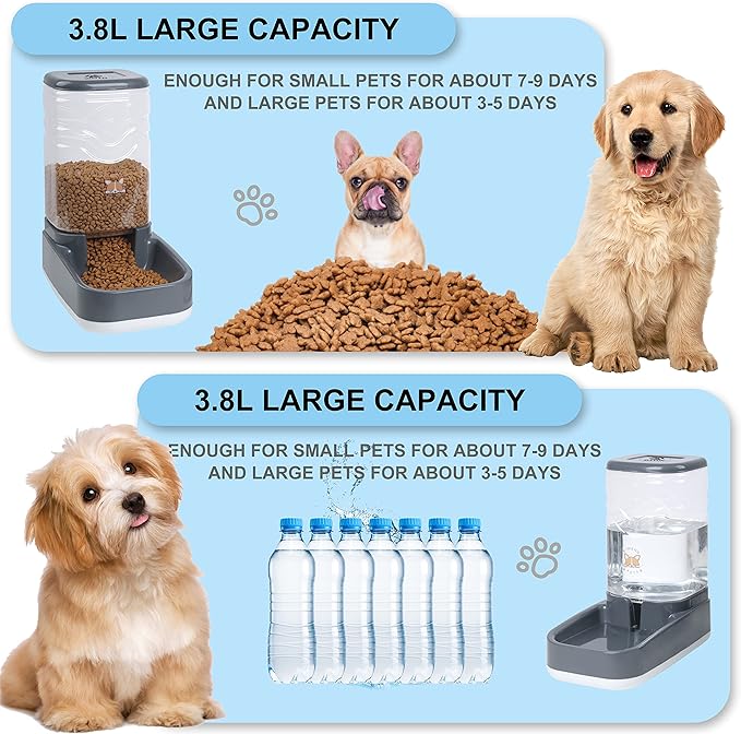 Elevon Automatic Cat Feeder, Gravity Food and Water Dispenser Bowl Set for Small Medium Dogs Animals, Pet Feeder Dispenser Storage Food, 3.8L Large Capacity, Gray