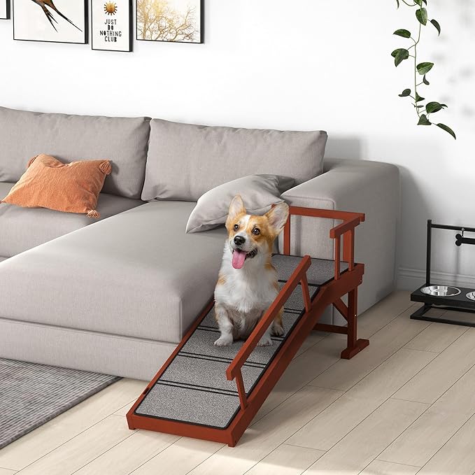 PawHut Dog Ramp, Dog Stairs for Small, Medium & Large Dogs, Pet Ramp for Bed or Couch with Removable Guardrails, Non-Slip Surface, 49" Long, Brown