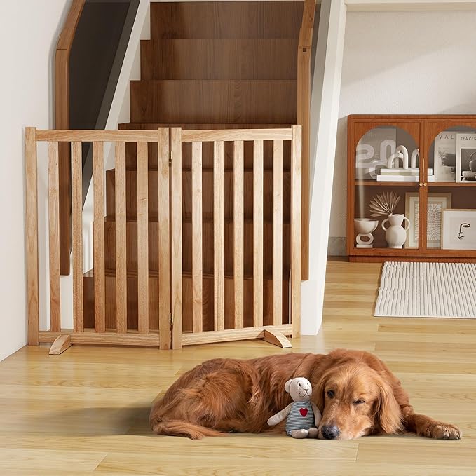 30" Height Tall Freestanding Pet Gate, Solid Wood Folding Safety Fence Wooden Dog Gate with 2 PCs Support Feet Ideal for Stairs, Doorways, Halls, Kitchens, Heavy Duty Gates, 2 Panels, Natural