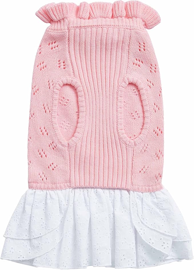 Blueberry Pet My Cutie Princess Ruffle Collar Dog Sweater Dress with Guipure Lace, Pink, Back Length 10", Fall Winter Clothes for Girl Dogs