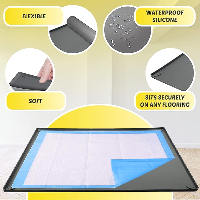 TidyFriend Dog Pee Pad Holder Tray Fits for 30” x 36” Pee Pads with Corner Lock Holes, Raised Edges, Non-Spill, Easy to Clean Silicone Dog Potty Tray Holder, for Indoor Floor Protection (Grey)