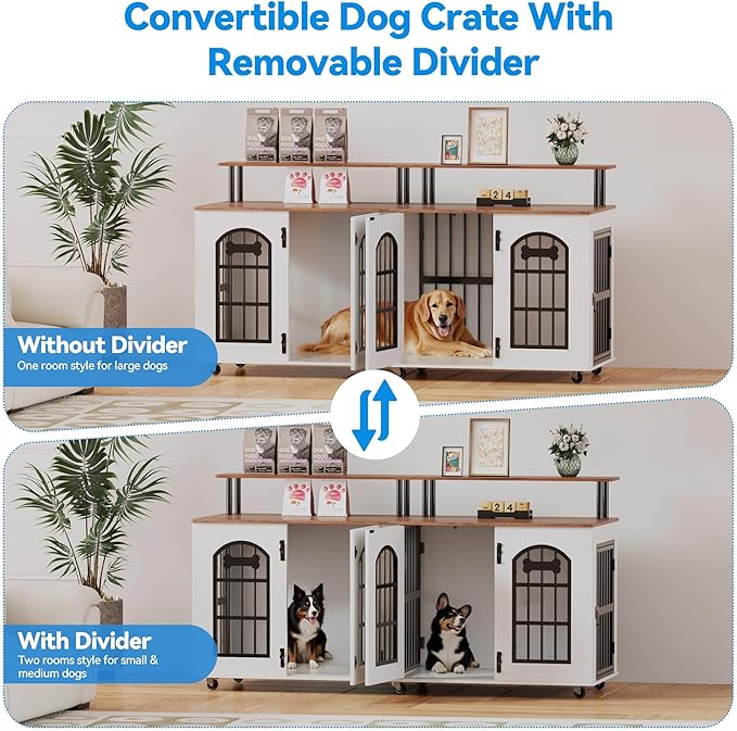 Petrova 63" Dog Crate Furniture for 2 Dogs, Heavy Duty Indoor Dog Kennel for Medium/Large Dogs, Wooden Dog Cage with Removable Divider, 6 Lockable Wheels, Storage Compartment, White