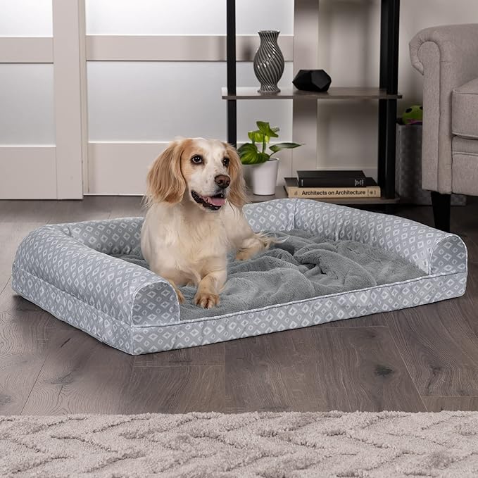 Furhaven Cozy Memory Foam Dog Bed for Large/Medium Dogs w/ Removable Bolsters & Washable Cover, For Dogs Up to 55 lbs - Plush & Diamond Print Nest Top Sofa - Gray, Large
