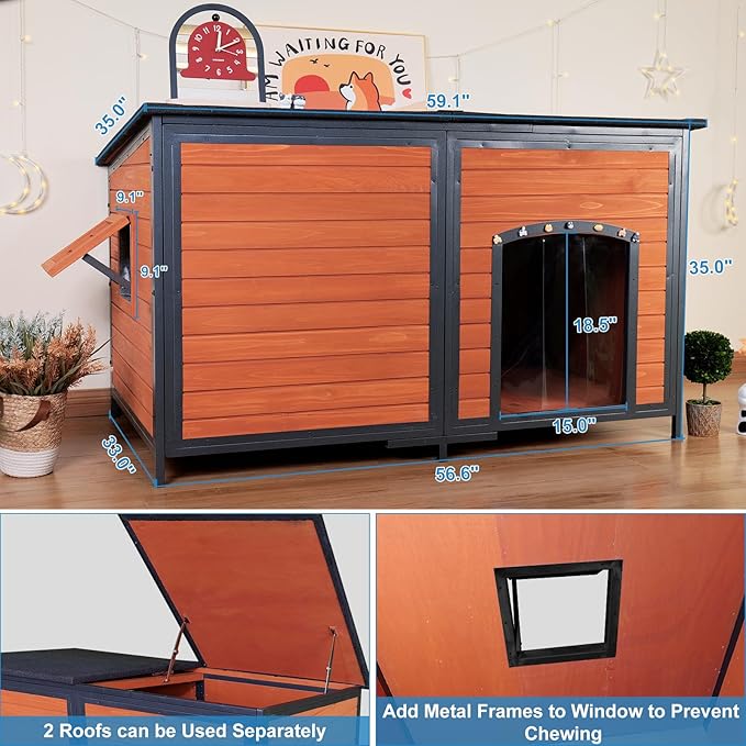 Extra Large Dog House Outdoor Weatherproof 59.1" Outside Wooden Dog Kennel, Chewproof Strong Iron Frame Window