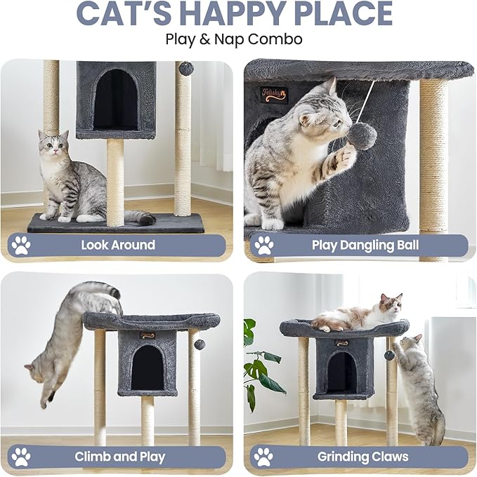Cat Tree Tower Scratching Post for Indoor Large Cats, Small Cat Tree with Big Perch Bed, 28in Tall Trees House with Condo Cave, Toy Balls, Modern Climbing Furniture Platform for Kitten (Dark Gray)