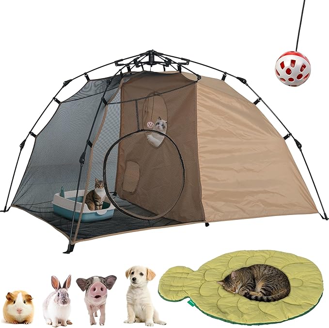 Pop Up Catio Tent Indoor Outdoor Cat Playpen Tent & Fish Shaped Cat Bed Set, 2-Space Cat Enclosure (Play/Rest/Litter Box Hideaway) Double Sided Cotton Pet Bed High-Value Cat Gear Bundle for Cats Dogs