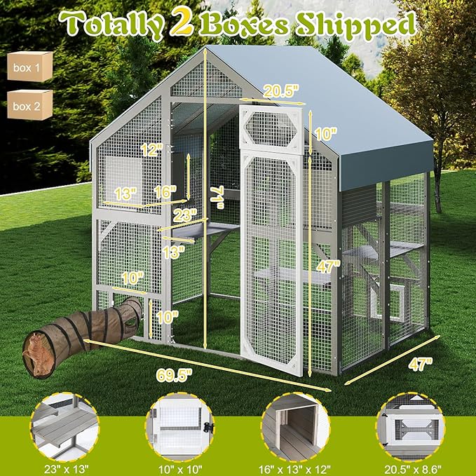 PetsCosset 71" H Catio Outdoor Cat Enclosure for Multiple Cats Large Wooden Walk in Cats House Outside Weatherproof Roof,Attached to House's Window,Cat's Door and Tunnel