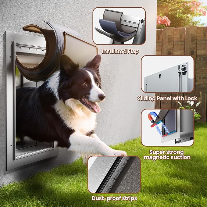 3-Flaps Insulated Dog Door for Wall, Rust Proof Aluminum Alloy Large Doggy Door, Heavy Duty Pet Door with Dual Lock, Extreme Weather Doggie Door for Interior Exterior Wall, Pets Up to 110LB